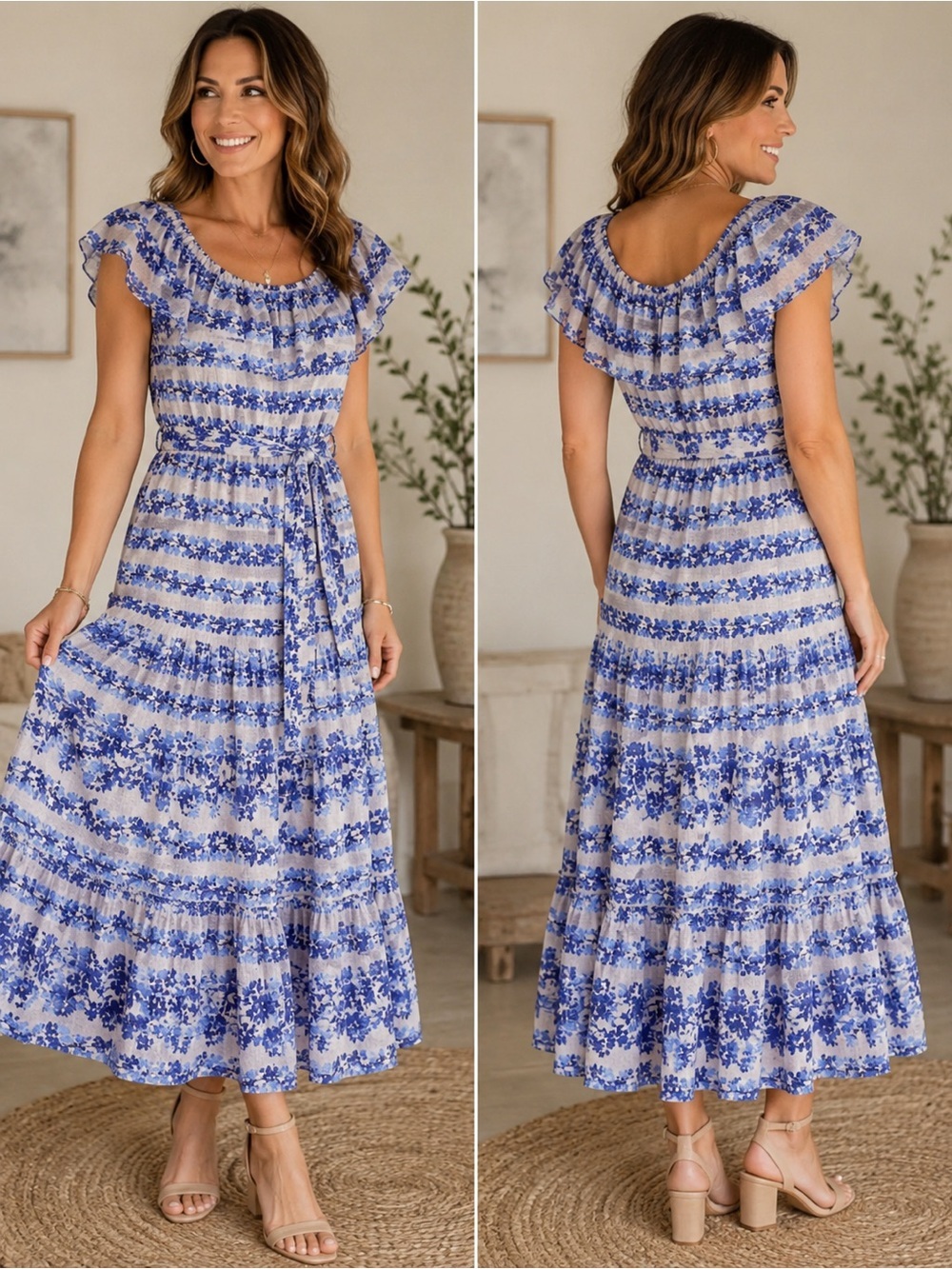 Eliza J Blue Floral Ruffle maxi Dress -